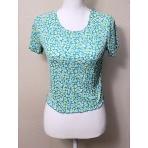 Crop Floral Ribbed Tee Bright Blue Green Size Large
